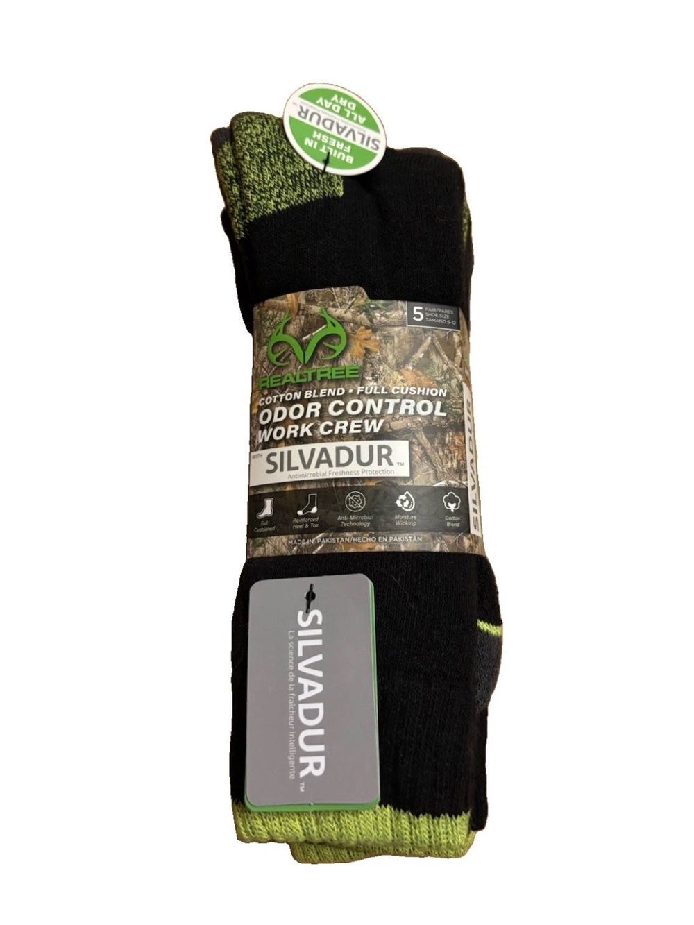 Silvadur Realtree Odor Control Work Crew Socks - Shoe Size 6-12